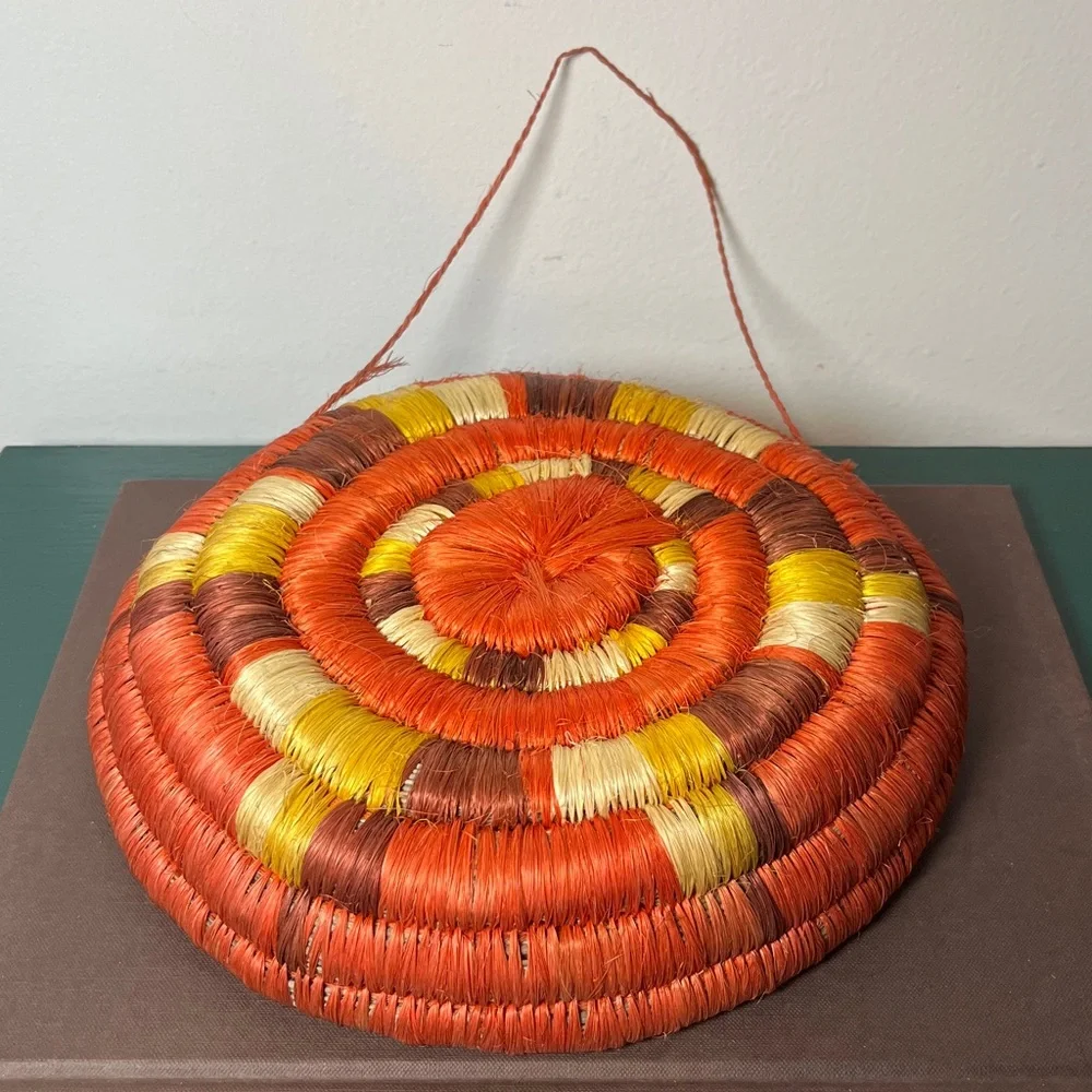 Handwoven‎ Coiled Natural Fiber Colorful Orange Hanging Basket Vintage
